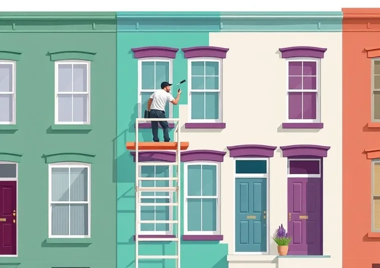 Peintre sur échafaudage traitant la façade d'une maison